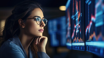 Focused woman with a beard and glasses, studying stock market data on multiple computer monitors, reflecting a serious and professional trading environment.