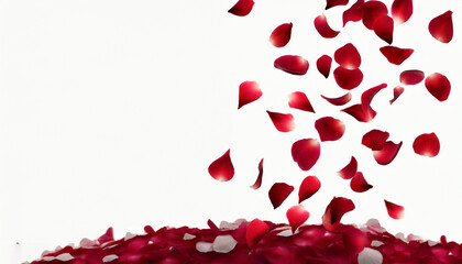 Red rose petals falling on white background Valentine's Day, anniversary background
