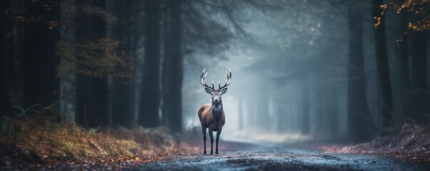 Deer standing on the road near forest at early morning