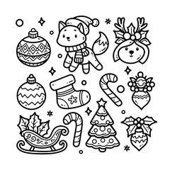 Set Christmas Ornament  Lineart isolated on a white background. Design for stickers, icons, cards, etc. Vector - Illustration