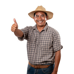 Asian farmer pointing away and looking at the camera