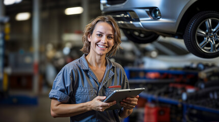Woman car mechanic working with a tablet in an automobile garage, car repair workshop maintenance and service, smiling proud female - obrazy, fototapety, plakaty