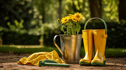 Ogrodnictwo — narzędzia dla ogrodnika i doniczki z sadzonkami w słonecznym ogrodzie. - obrazy, fototapety, plakaty