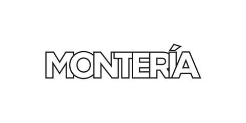 Monteria in the Colombia emblem. The design features a geometric style, vector illustration with bold typography in a modern font. The graphic slogan lettering.