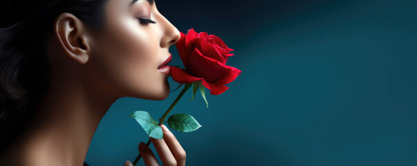 woman with red rose on blue background, copy space