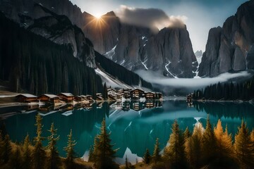 Natural landscapes of the lake Braies Lago di Braies with morning fog and reflection of the mountain peak in Dolomites, Italy