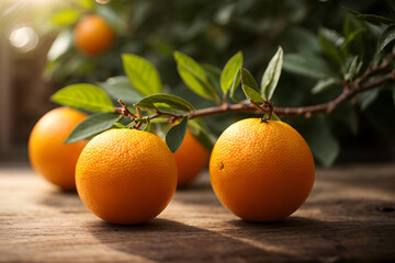 Orange fruit with green leaves on the wood. Home gardening. Mandarine oranges. Tangerine oranges. Orange color. Fresh orange juice.