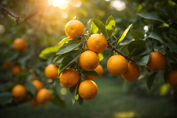 Orange fruit with green leaves on the wood. Home gardening. Mandarine oranges. Tangerine oranges. Orange color. Fresh orange juice.