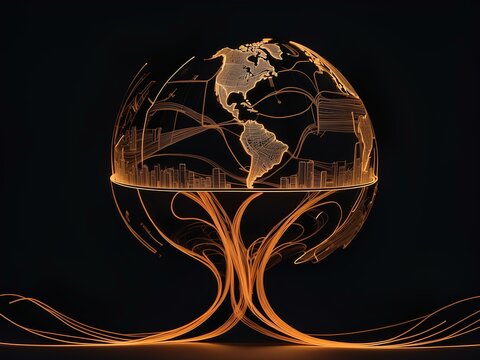 transparent glowing earth planet, glowing lines, black background, for design, isolated