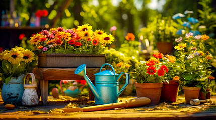 Ogrodnictwo — zestaw narzędzi dla ogrodnika i doniczek w słonecznym ogrodzie. - obrazy, fototapety, plakaty