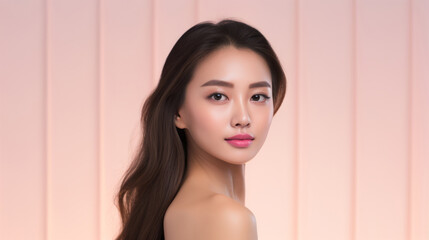 Naklejka premium Young asian girl with perfect skin on rose background. Female Skin care editorial. Asian beauty portrait. 