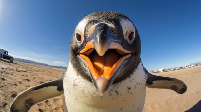 Close-up selfie portrait of a penguin.