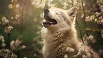 Obraz premium Portrait of happy wolf rejoice with spring.