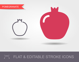 Illustration of pomegranate linear icon with shadow. Outline icon with editable stroke and flat icon