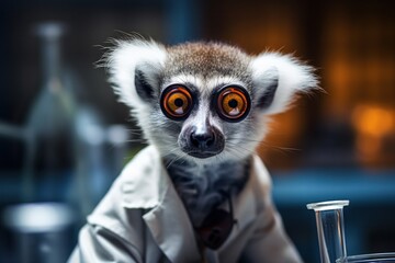 Funny lemur scientist in a laboratory. - obrazy, fototapety, plakaty
