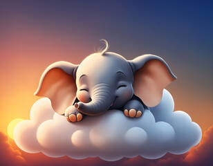 Illustration of a contented baby elephant taking a nap on a cloud, with closed eyes, enjoying the warm sunset atmosphere and gentle sunlight. Generative AI