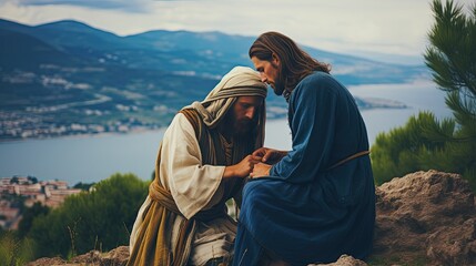 Holy faith and healing of the soul. Jesus blesses a believer kneeling before him.