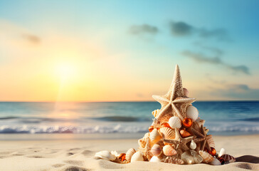 Christmas Tree Made of Ornaments, Starfish and Seashells On The Ocean Shore Beach Sand.