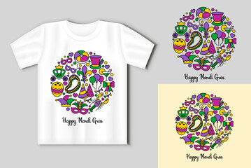 Happy Mardi Gras. Round composition of the carnival symbols. Mardi Gras concept with t-shirt mockup