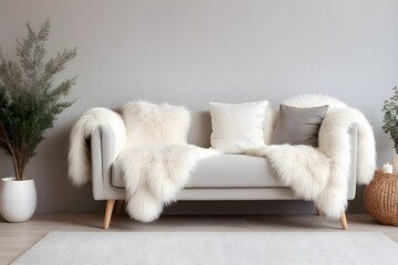 Fototapeta na wymiar A sofa with a fluffy white blanket made of fur and pillows standing against the wall. Interior of a modern living room in Scandinavian style, Hygge.