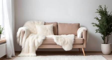 A sofa with a fluffy white blanket made of fur and pillows standing against the wall. Interior of a modern living room in Scandinavian style, Hygge.