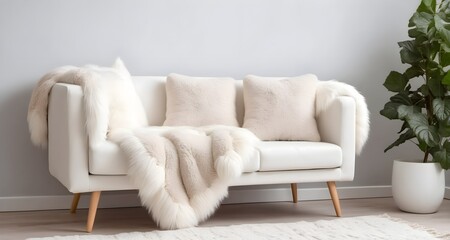 A sofa with a fluffy white blanket made of fur and pillows standing against the wall. Interior of a modern living room in Scandinavian style, Hygge.