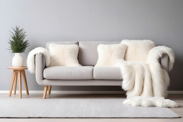 A sofa with a fluffy white blanket made of fur and pillows standing against the wall. Interior of a modern living room in Scandinavian style, Hygge.