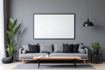 Modern Japanese style living room interior design. Gray sofa with black cushions and empty poster frame on a gray wall.