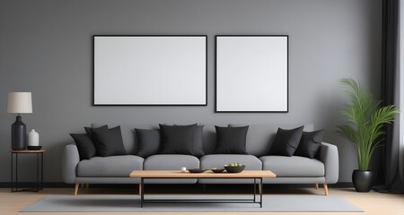 Modern Japanese style living room interior design. Gray sofa with black cushions and empty poster frame on a gray wall.