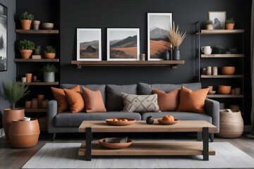 Farmhouse interior design with wooden coffee table and gray sofa with terracotta cushions. Rustic style living room with dark walls, shelves and posters.