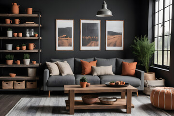 Farmhouse interior design with wooden coffee table and gray sofa with terracotta cushions. Rustic style living room with dark walls, shelves and posters.