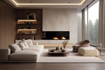 Luxury living room, modern interior design, in brown natural colors