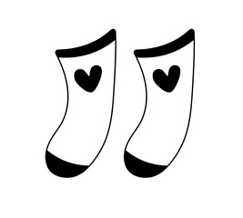 Vector isolated cute children's socks pair with heart pattern  colorless black and white contour line easy drawing