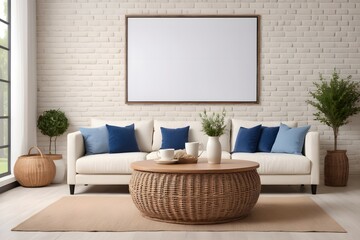 Interior design of a country house in the French style, modern living room. A round wicker coffee table sits next to a white sofa with blue cushions against a white brick wall.