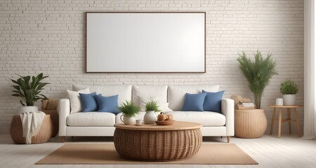 Interior design of a country house in the French style, modern living room. A round wicker coffee table sits next to a white sofa with blue cushions against a white brick wall.