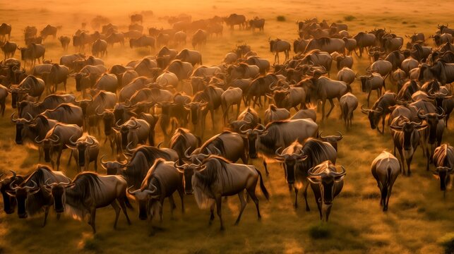 Herd of wildebeest on annual migration