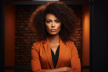 elegant african american businesswoman in sharp suit, photorealistic orange setting