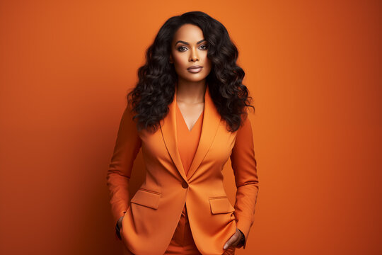  african american businesswoman in tailored suit against vibrant orange wall