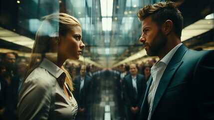 Business man and woman standing opposite and arguing among colleagues. Fight of sexes concept. AI generated