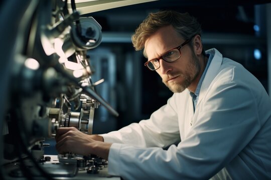 Middle aged senior caucasian engineer with lab coat analyzing and researching development in the laboratory workshop background for future and advanced technology.