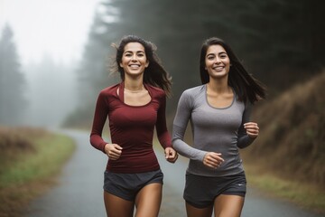 Close-Up Trail Run: Two Women in Athleisure Clothing Embracing the Outdoor Challenge