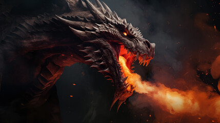 An evil dragon emits (breathes out) flames from its mouth.Fire-breathing dragon.