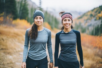 Athletic Duo: Close-Up of Two Women Trail Running in Stylish Athleisure Wear
