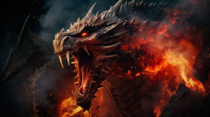 An evil dragon emits (breathes out) flames from its mouth.Fire-breathing dragon. - obrazy, fototapety, plakaty