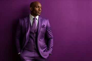 african american businessman in classic suit against vibrant purple backdrop
