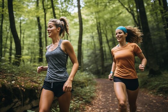 Athletic Duo: Close-Up of Two Women Trail Running in Stylish Athleisure Wear