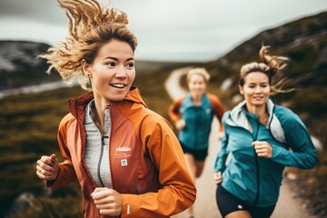 Dynamic Duo: Close-Up View of Women in Athleisure Clothing Engaged in Trail Running - obrazy, fototapety, plakaty