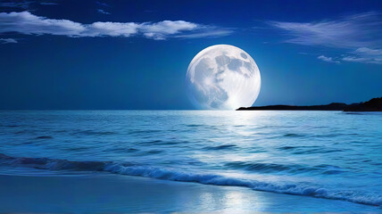 Romantic and Scenic Panorama: Enchanting Full Moon Night Over the Sea. Generative AI.