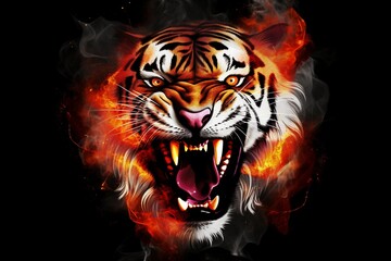 Blazing Dominance: Roaring Tiger Head Amidst a Raging Firestorm on Black Background
