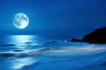 Romantic and Scenic Panorama: Enchanting Full Moon Night Over the Sea. Generative AI.